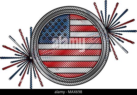 Bandiera americana sul pulsante con fuochi d'artificio Illustrazione Vettoriale