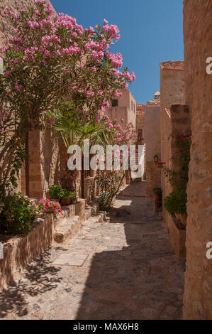 Street a 'nascosti' città di Monemvasia al Peloponneso in Grecia Foto Stock