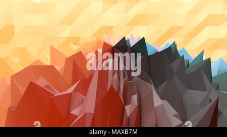 Un op arte 3d illustrazione di un nero, grigio, marrone e giallo sfondo lowpoly con un ambiente collinare e superficie rocciosa. Una multiforme settore appare come un alieno pla Foto Stock