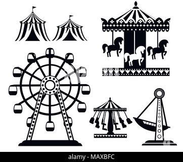 Silhouette nera. Set di carnival circus icone. Parco dei divertimenti di raccolta. Tenda, giostra ruota panoramica Ferris, la nave dei pirati. Stile Cartoon design. Mal di vettore Illustrazione Vettoriale