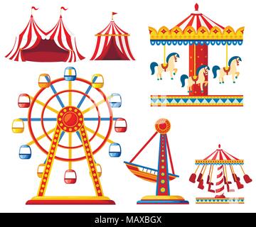 Set di carnival circus icone. Parco dei divertimenti di raccolta. Tenda, giostra ruota panoramica Ferris, la nave dei pirati. Stile Cartoon design. Illustrazione di vettore isolato Illustrazione Vettoriale