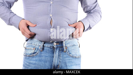 Uomo con il sovrappeso e Big fat belly in jeans e maglietta Foto Stock