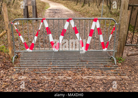 Percorso di foresta segnata da una recinzione di acciaio in plastica con nastri di barriera Foto Stock