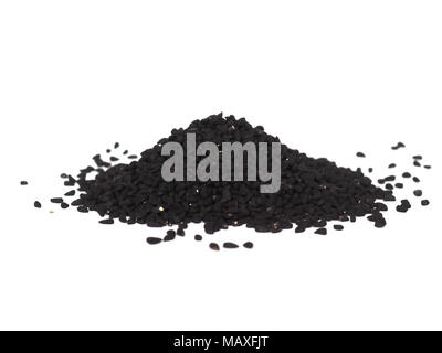 Nigella Sativa (aka Cumino Nero) semi spice su sfondo bianco Foto Stock