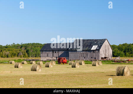 Round balle di fieno e un fienile rustico nella contea di Bruce, in Ontario, Canada. Foto Stock