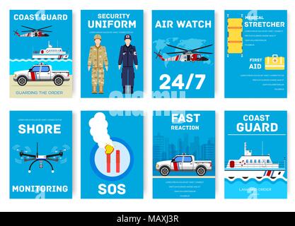 Coast Guard giorno set di schede. A guardia del ordine di flyear, riviste, poster, la copertina del libro, banner. Dispositivi concetto infografico sfondo. Illustrazioni di layout di pagine di modello con la tipografia del testo Illustrazione Vettoriale
