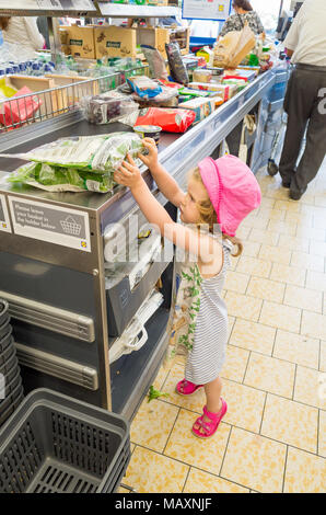 Un giovane bambino contribuendo a mettere gli acquisti sul nastro trasportatore al supermercato Lidl, REGNO UNITO Foto Stock