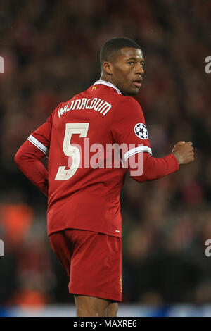 Il 4 aprile 2018 , Anfield, Liverpool, in Inghilterra; Champions League quarti di finale, la prima gamba, Liverpool v Manchester City; Georginio Wijnaldum di Liverpool Foto Stock