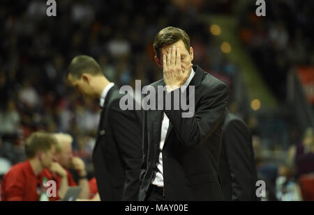 Monaco di Baviera, Germania. 04 apr, 2018. 04 aprile 2018, Germania, Monaco di Baviera: Basket, Bundesliga, FC Bayern Munich vs ratiopharm Ulm. Ulm il trainer Thorsten Leibenath. Credito: Andreas Gebert/dpa/Alamy Live News Foto Stock