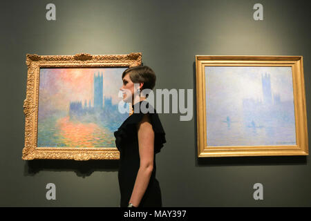 Londra REGNO UNITO. 5 aprile 2018. Case del Parlamento tramonto 1904.La prima mostra di Monet in venti anni è andata in scena presso la Galleria Nazionale con opere di impressionisti francesi Claude Monet spanning della sua lunga carriera con dipinti da Venezia , Londra, Rouen,i monumenti e misterioso II, la città e il moderno e villaggio pittoresco e credito: amer ghazzal/Alamy Live News Foto Stock