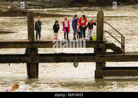 Aberystwyth Wales UK, giovedì 05 aprile 2018 UK Meteo: persone di pesca dei granchi off il molo su un pomeriggio di caldo sole primaverile, con temperature in bassa teens centigradi, al mare in Aberystwyth sulla costa occidentale del Galles foto © Keith Morris / Alamy Live News Foto Stock