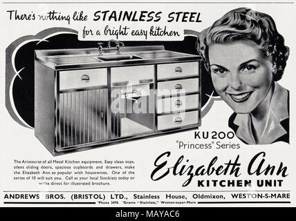 Anni Cinquanta originale vecchia vintage pubblicità pubblicità Elizabeth Ann in acciaio inox da cucina da Andrews fratelli di Oldmixon Weston-Super-Mare Somerset England Regno Unito nella rivista inglese circa 1951 Foto Stock
