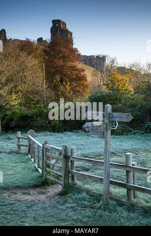 Castello medievale rovine sulla collina di foggy gelido inverno immagine orizzontale Foto Stock