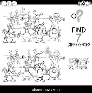 Bianco e Nero Cartoon illustrazione di trovare 7 differenze tra le immagini delle attività educative gioco per bambini con gli alieni Fantasy Characte Illustrazione Vettoriale