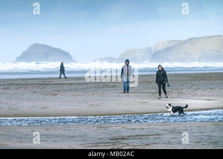 La gente camminare il loro cane sulla spiaggia a Perranporth in Cornovaglia. Foto Stock