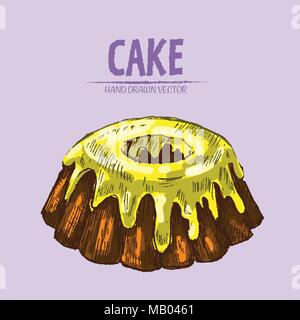 Vettore digitale dettagliato della linea vulcano arte torta con crema disegnato a mano illustrazione retrò insieme di raccolta. Artistico sottile Matita contorno. Vintage appartamento inchiostro, Illustrazione Vettoriale