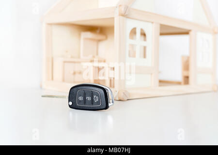 Chiavi auto con casa in legno modello in background. Scelta di byuing necessità di base. La decisione di priorità o di primaria necessità. Foto Stock