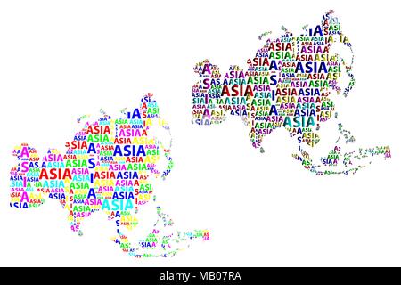 Schizzo Asia testo lettera continente Asia parola - la forma del continente, mappa del continente asiatico - colore illustrazione vettoriale Illustrazione Vettoriale