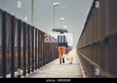 Fosche previsioni in città. L'uomo con il suo cane (labrador retriever) camminando sotto la pioggia sul ponte. Praga, Repubblica Ceca Foto Stock