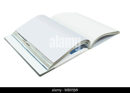 Aperto le pagine bianche di rivista o libro, catalogo isolato su uno sfondo bianco - Un mock up per dimostrare il tuo design Foto Stock