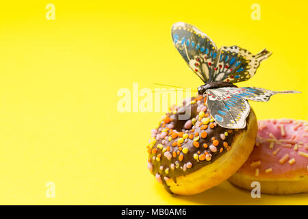 Vista ravvicinata dei due ciambelle su sfondo giallo con butterfly. copyspace Foto Stock