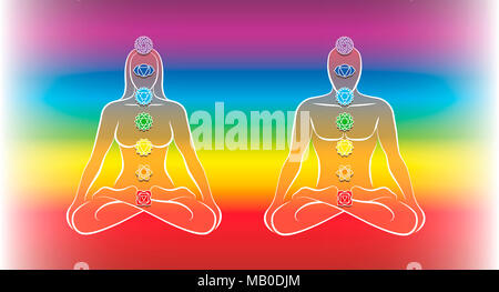 Sette chakra principali. Meditando giovane in posizione di yoga corpo - illustrazione arcobaleno sul gradiente dello sfondo. Foto Stock