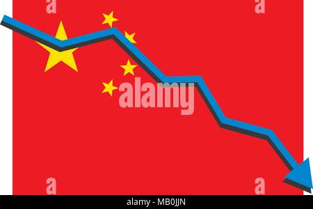 Bandiera della Cina con la freccia rossa grafico andando verso il basso mostra economia recessione e caduta parti. Vettore isolato illustrazione. Illustrazione Vettoriale