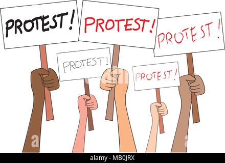 Mani che tengono i segni di protesta, la folla di persone manifestanti sfondo politico, crisi politico poster, rivoluzione targhetta simbolo del concetto Illustrazione Vettoriale