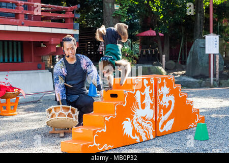 Giappone, Hoshu, Tokyo Asakusa, Tempio di Asakusa Kannon aka Sensoji, esecuzione di scimmia dimostrano Foto Stock