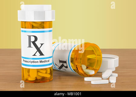 Bottiglie di medici con farmaci sul tavolo di legno. Il rendering 3D Foto Stock