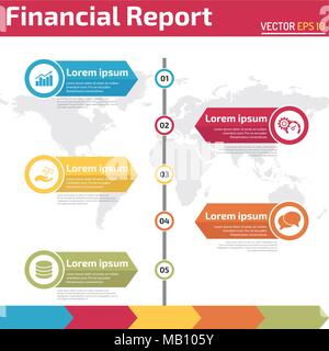 Cinque punti della relazione finanziaria banner infografico concetto di modello di business report Illustrazione Vettoriale