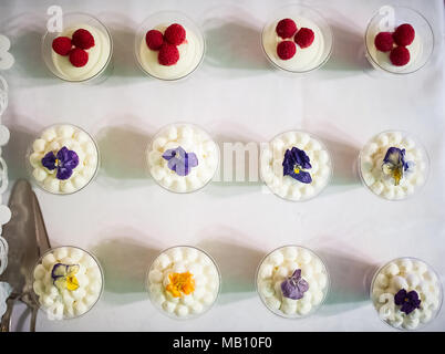 Mousse / panna cotta dessert decorato con fiori e frutti di bosco liofilizzato Foto Stock