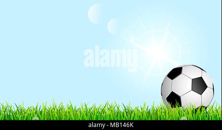 Banner con pallone da calcio e prato. Pallone da calcio in erba verde contro il cielo blu. Illustrazione Vettoriale