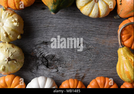 Closeup colpo di un gruppo di zucche decorative, squash e zucche su una tavola in legno rustico. Le verdure a formare una cornice. Foto Stock