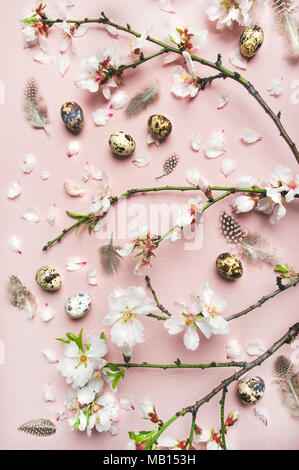 Vacanze di Pasqua sfondo. Flat-lay di gara di mandorle primavera sbocciano i fiori fiori sui rami, piume, uova di quaglia sulla luce sfondo rosa, vista dall'alto, ve Foto Stock