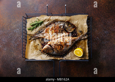 Grigliate di pesce Dorado sulla griglia in metallo griglia con limone e rosmarino su sfondo scuro Foto Stock