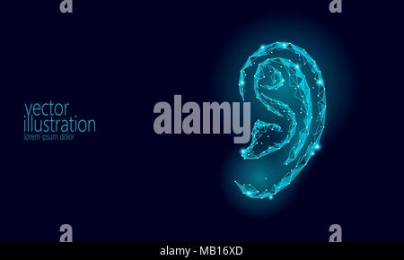 Il mondo dei sordi audizione giorno. Orecchio umano organ bassa poli. Triangolo poligonale della linea punto particella innovazione futuristico centro medico di prevenzione di aiuto consapevolezza illustrazione vettoriale poster Illustrazione Vettoriale