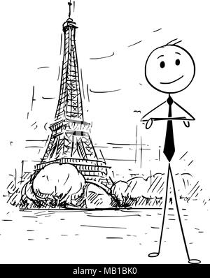 Cartoon di imprenditore in piedi davanti alla Torre Eiffel a Parigi, Francia Illustrazione Vettoriale