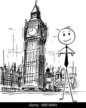 Cartoon di imprenditore in piedi nella parte anteriore del Big Ben Clock Tower a Londra in Inghilterra Illustrazione Vettoriale