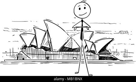 Cartoon di imprenditore in piedi nella parte anteriore della Opera House di Sydney, Australia Illustrazione Vettoriale