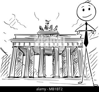 Cartoon di imprenditore in piedi nella parte anteriore della porta di Brandeburgo, Berlino, Germania Illustrazione Vettoriale