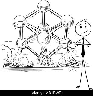 Cartoon di imprenditore in piedi nella parte anteriore del Atomium di Bruxelles, in Belgio Illustrazione Vettoriale