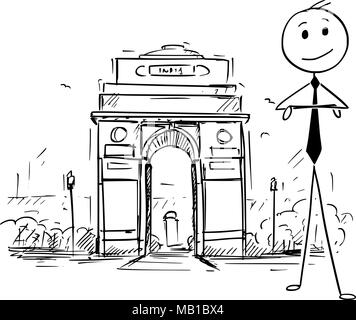 Cartoon di imprenditore in piedi davanti alla porta dell'India, New Delhi Illustrazione Vettoriale