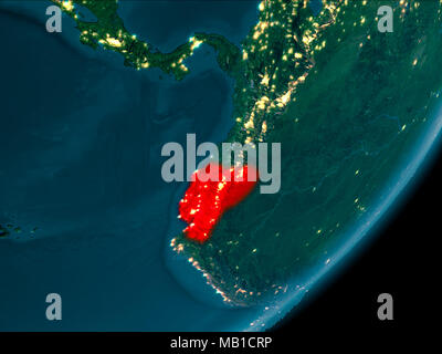 Vista notturna di Ecuador evidenziata in rosso sul pianeta Terra con atmosfera. 3D'illustrazione. Gli elementi di questa immagine fornita dalla NASA. Foto Stock