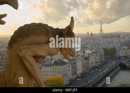 Chimera e cityscape, la cattedrale di Notre Dame, Paris, Francia Foto Stock