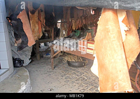 Negozio di cuoio, libero mercato, Belem, Paraiba, Brasile Foto Stock