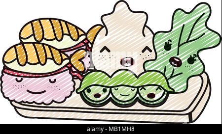 Doodle kawaii carino gustoso cibo giapponese Illustrazione Vettoriale