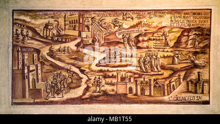 Italia Piemonte Sant'Ambrogio di Torino Sacra di San Michele - Chiesa - affresco della leggenda sulla fondazione del Santuario Foto Stock