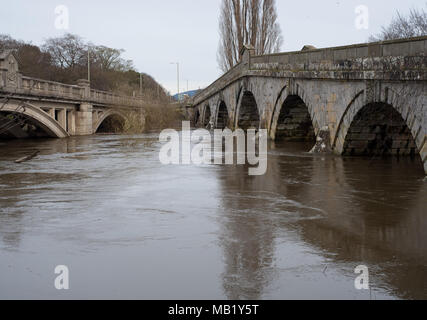 Storica del xviii secolo passerella e XX secolo ponte stradale a Atcham, Shropshire, Inghilterra più inondati fiume Severn in primavera Foto Stock