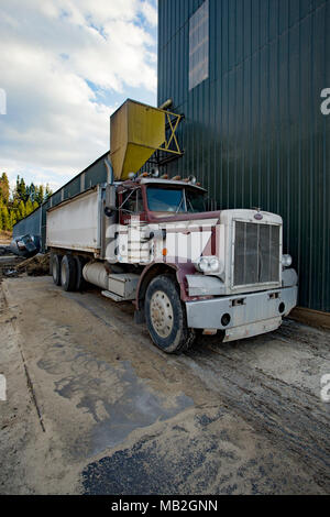 Un Peterbilt doppio assale carrello utilizzato per il traino di sfregare, sotto uno scivolo di alimentazione generale & Grain Inc., mulino di grano, in Bonners Ferry, Idaho, Stati Uniti d'America Foto Stock